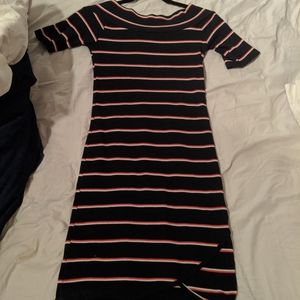 Striped Navy Off the Shoulder Body Con Dress